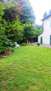 un cortile verde con una panchina e un albero di Agriturismo Le grondaie a Siena