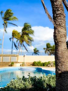 a swimming pool with palm trees in the background at Villa Anahata in Porlamar