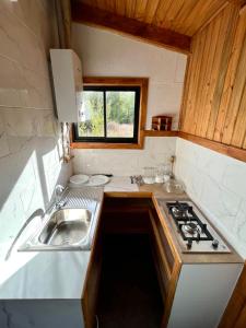 uma pequena cozinha com um lavatório e um fogão em Cabañas Doña Mónica em Recinto