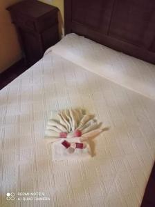 ein weißer Teller mit roten Pillen auf dem Bett in der Unterkunft Apartamento" El Carballo" in San Tirso de Abres