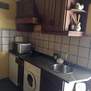 a kitchen with a sink and a washing machine at Apartamento" El Carballo" in San Tirso de Abres