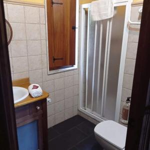 een badkamer met een douche, een toilet en een wastafel bij Apartamento" El Carballo" in San Tirso de Abres