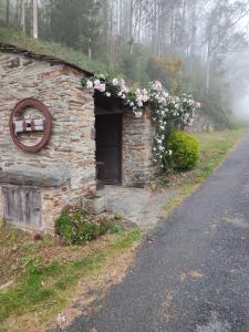 San Tirso de AbresにあるApartamento" El Carballo"の道路横の花々が咲く石造りの建物