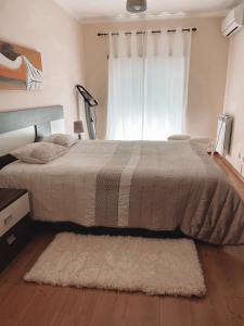 a bedroom with a bed with a rug and a window at Apartamento Alcochete in Alcochete