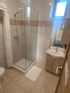 een badkamer met een douche en een wastafel bij Eperke Vendégház- Vajdácska in Vajdácska