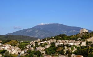 a town on a hill with a mountain in the background at Annapurna Bed & Breakfast in Vaison-la-Romaine