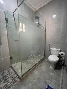ein Bad mit einer Dusche und einem WC in der Unterkunft House Ire in Abuja