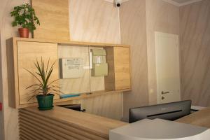 an office with a desk with a potted plant on it at Vertmont Apartments in Sveti Stefan