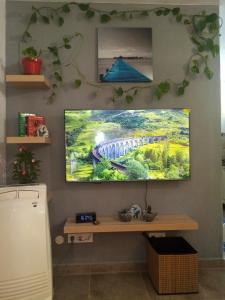 a tv hanging on a wall with a painting of a bridge at Most sunny days on Gran Canaria in Puerto Rico de Gran Canaria