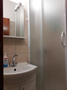 Un baño con lavabo y ducha con espejo. en Apartments with parking space Pag - 18325, en Pag 24 fotos más
