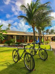 drie fietsen geparkeerd voor een huis met een palmboom bij Sunset Beach Hotel in Taíba