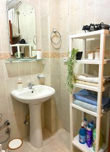uma casa de banho com um lavatório e um espelho em Turquoise by Mercan Homes - Cozy House w/2 BR,Close to City Center, Metro, Malls em Istambul