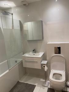 a bathroom with a toilet and a sink and a shower at Streatham high street in London