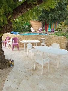 un groupe de tables et de chaises sous un arbre dans l'établissement le gite d'Alice, à Vacqueyras