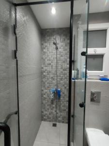 um chuveiro com uma porta de vidro na casa de banho em بورتو الجولف em El Alamein