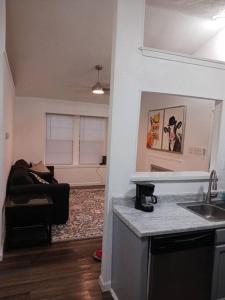 a kitchen with a sink and a living room at Tara condo in San Antonio