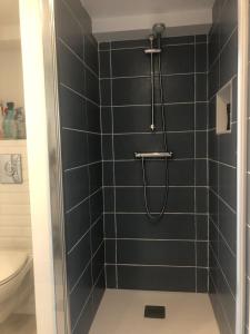 y baño con ducha y pared de azulejos negros. en Appartement paisible proche centre ville, en Bron