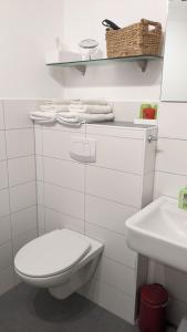 a white bathroom with a toilet and a sink at FeWo Apland in Landau in der Pfalz