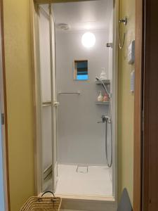 um chuveiro com uma porta de vidro na casa de banho em million pointz em Amami