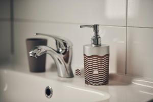 a bathroom sink with a faucet and a toothbrush at Holiday Siesta Domki in Rewal +23 photos