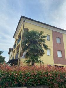 a yellow building with a palm tree in front of it at B&B Campi di sole in Sala Bolognese