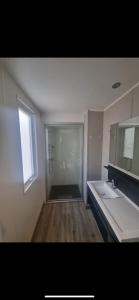 een badkamer met een douche, 2 wastafels en een raam bij Camping 4 étoiles Le Bosc Saint Cyrpien Mobil Home in Saint-Cyprien
