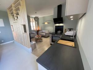 een keuken en een woonkamer met een aanrecht bij Le Clos Des Buis Gîte de charme pour 4 voyageurs in Cazals