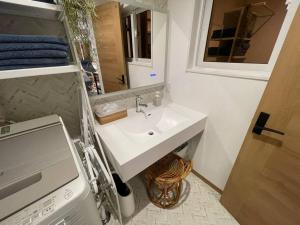 a bathroom with a sink and a mirror at Blueberry Apartment in Iiyama