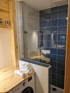 a small bathroom with a washing machine and a shower at Le Quatorze, au cœur de Najac in Najac