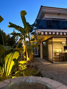 a house with a palm tree in front of it at Villa Lui Hotel Alaçatı in Ilıca