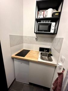una pequeña cocina con fregadero y microondas en Appartement GARE Juvisy*ORLY AIRPORT*Paris en Juvisy-sur-Orge