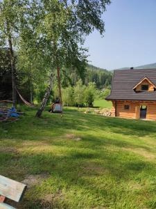 a hammock in a yard next to a log cabin at Domek u Sołtyska in Rajcza