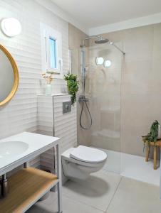 a bathroom with a shower and a toilet and a sink at Hôtel Flor in Saint-Florent