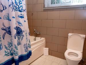 a bathroom with a toilet and a shower curtain at The Haven Boutique Hotel in Kumasi