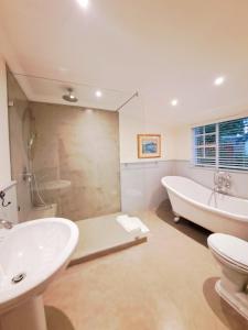 a bathroom with a tub and a toilet and a sink at Hebron Haven Hotel in Dargle