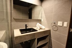 y baño con lavabo y ducha. en Hakuba Park Hotel, en Hakuba