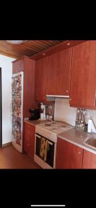 a kitchen with wooden cabinets and a stove top oven at SEA HOUSE KOUKOULEIKA in Milina