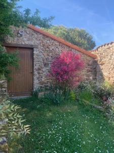a stone building with a wooden door and a pink bush at Loft Sud-Nantes in Le Bignon