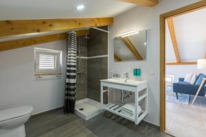 a bathroom with a shower and a sink and a toilet at Apartments Agata in Novigrad Istria +50 photos