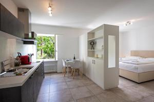 a kitchen and a bedroom with a bed and a table at Residenza La Serenata - Happy Rentals in Cavigliano