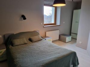 1 dormitorio con cama y ventana en Logement dans maison + extérieur, en Orchamps-Vennes
