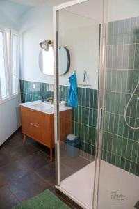 ein Bad mit einer Dusche und einem Waschbecken in der Unterkunft Perle de Provins - Maneva Appart in Provins