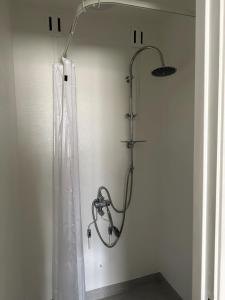 a shower in a bathroom with a shower curtain at Pensionat Björnen in Östersund