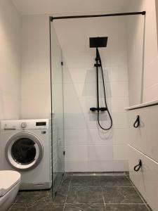 y baño con lavadora y ducha. en TaaliHomes Kuremaa ridaelamu järve kaldal - saun hinnas, en Kuremaa