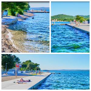 three pictures of a beach with people on the water at Toma Apartman in Bilice