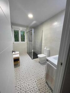 een badkamer met een douche, een toilet en een wastafel bij Casa Rural Mirador de Quintana in Priesca