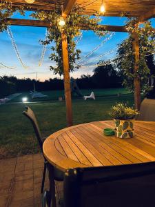 une table en bois assise sous une pergola en bois dans l'établissement B&B Villa degli Angeli, à Bernalda