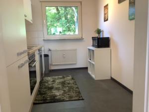 Cette chambre comprend une cuisine dotée d'une fenêtre et d'un tapis. dans l'établissement Blockhäuser Fewo4 Harzblick, à Braunlage