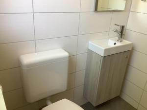 een badkamer met een wit toilet en een wastafel bij Ferienwohnung Harzblick 4 in Braunlage +14 foto's