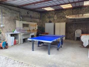 uma mesa de pingue-pongue azul numa garagem em chambres d'hôtes 